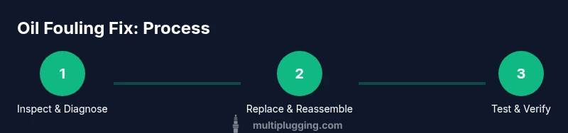 Process flow showing diagnosis, replacement, and verification steps for stopping spark plug oiling up