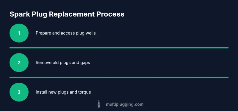 Infographic showing a 3-step spark plug replacement process
