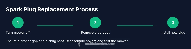Diagram showing steps to replace a spark plug on a John Deere S100 lawn mower