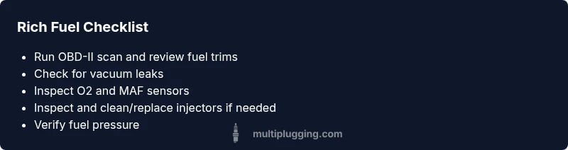 Checklist infographic for diagnosing spark plug rich condition