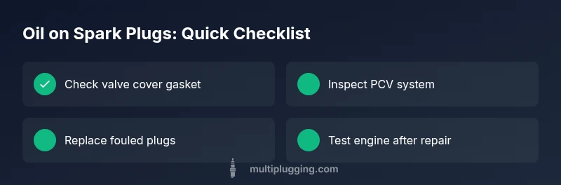 Checklist infographic showing steps to diagnose oil on spark plugs
