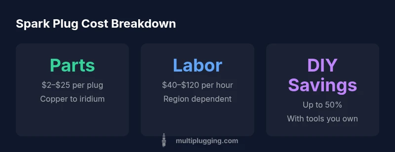 Spark plug cost breakdown infographic showing parts, labor, and DIY savings