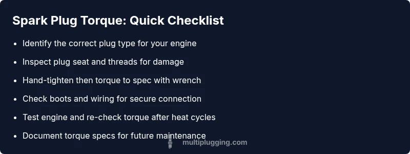 Checklist infographic showing step-by-step spark plug torque verification