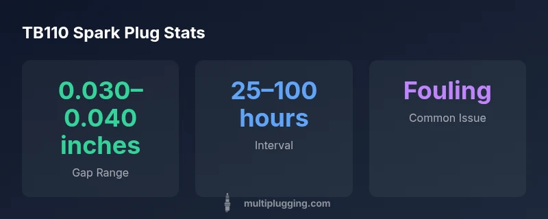 TB110 spark plug maintenance infographic showing gap, replacement interval, and fouling as key data points.