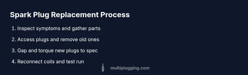 Process diagram showing four-step spark plug replacement