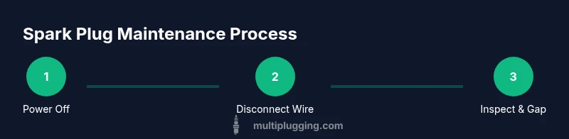 Process infographic showing spark plug inspection, gap measurement, and replacement steps.