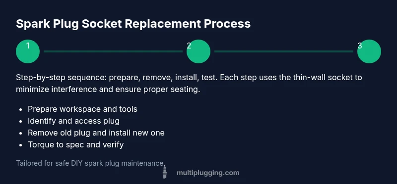 Process diagram showing step-by-step spark plug replacement using a 14mm thin-wall socket