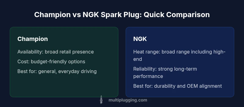 Two spark plugs from Champion and NGK side by side for brand comparison
