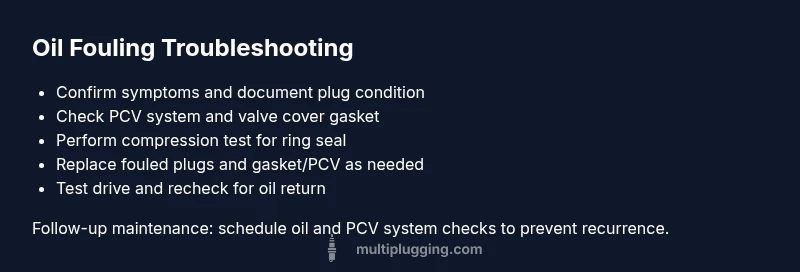 Checklist infographic for diagnosing oil fouling on spark plugs